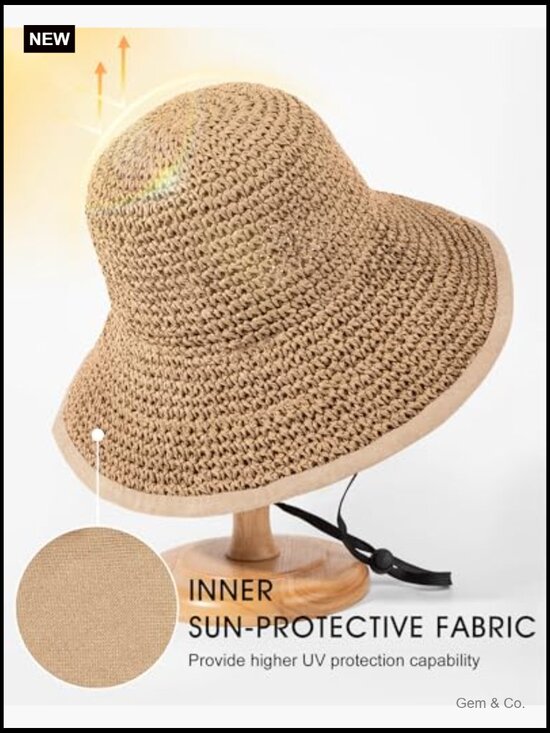 Wide Brim Straw Bucket Hat UPF 50+ Sun Protection Packable